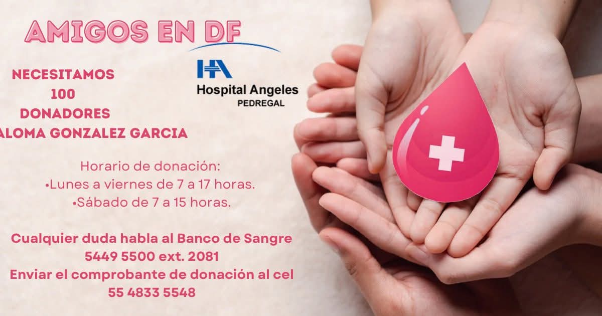 donaenvida's tweet image. #URGENTE #CDMX #Sangre para Paloma González García en el Hospital Ángeles Pedregal.
Contacta al: 5449 5500, ext. 2081.
#DonaEnVida #DonaConAmor