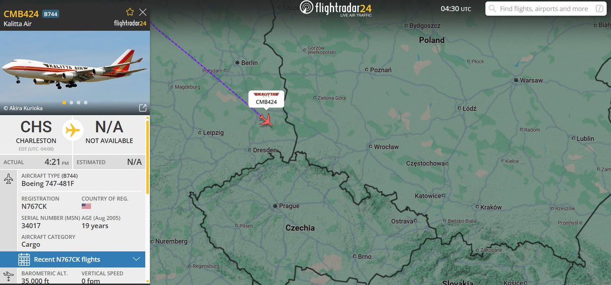 PolishMilRadar's tweet image. 📅25.07.2025 06:32LT
🇺🇸Kalitta Air (Transport wojskowy)
✈️Boeing 747-481F #N767CK
#CMB424 na wysokości FL350
🛫Charleston #KCHS
🛬Lublin #EPLB
🔗flightradar24.com/CMB424/3b689c1e
#POLMILRADAR