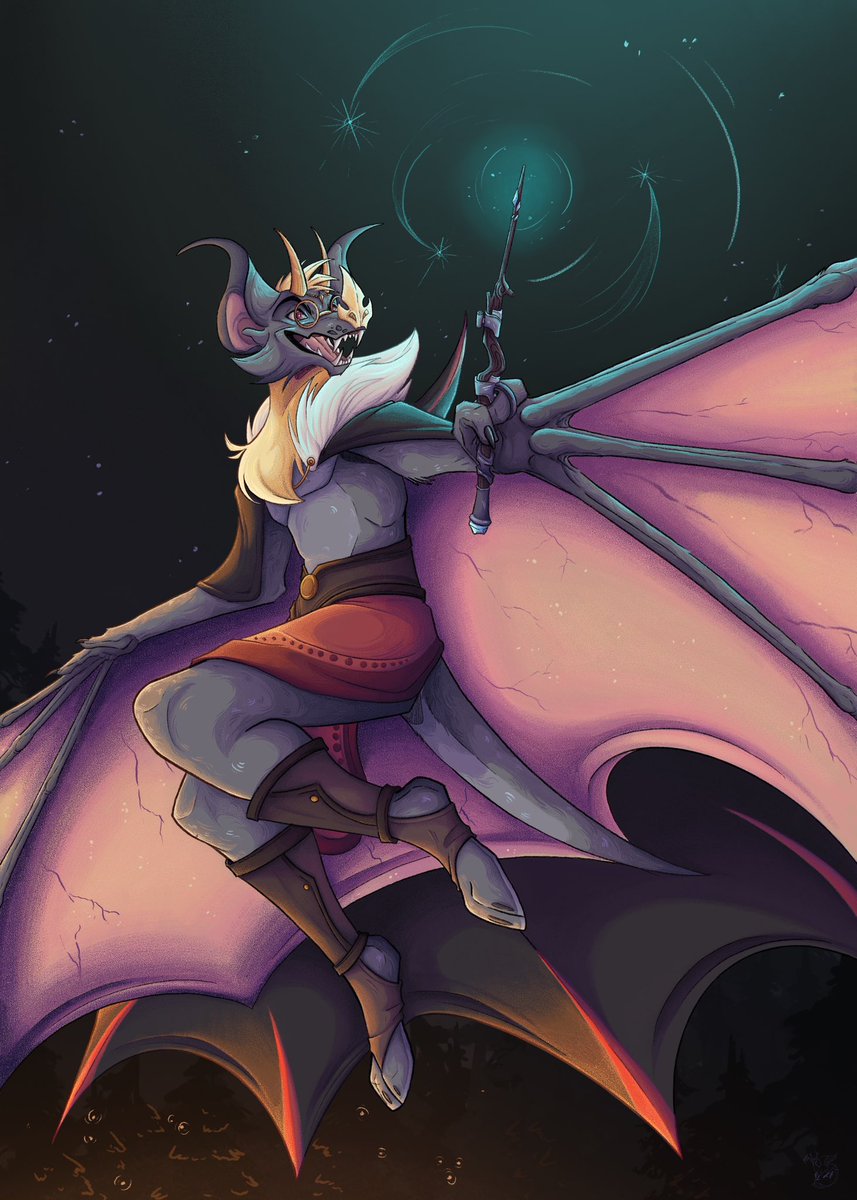 In the midst of darkness, the soft flap of wings reveals an adventurer wielding what appears to be a…. Gun wand?!

#dnd #dnd5e #dndart #furry