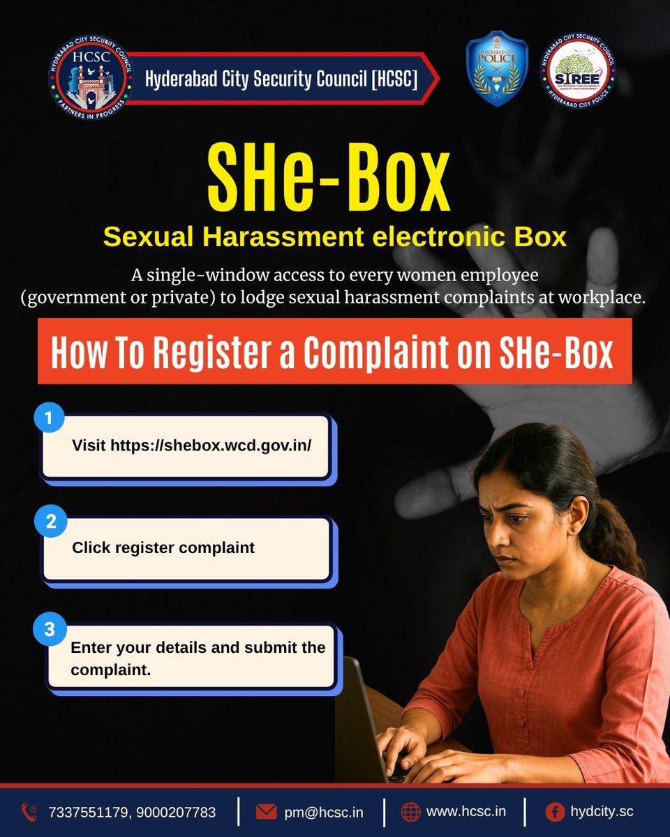 HCSC_Hyd's tweet image. Every woman deserves a safe, respectful workplace. SHe-Box is a confidential way to report sexual harassment—anytime, anywhere.

🖥️ File your complaint at: shebox.wcd.gov.in

Let your voice be heard. Share to spread awareness.

#SheBox #SafeWorkspaces #SpeakUp