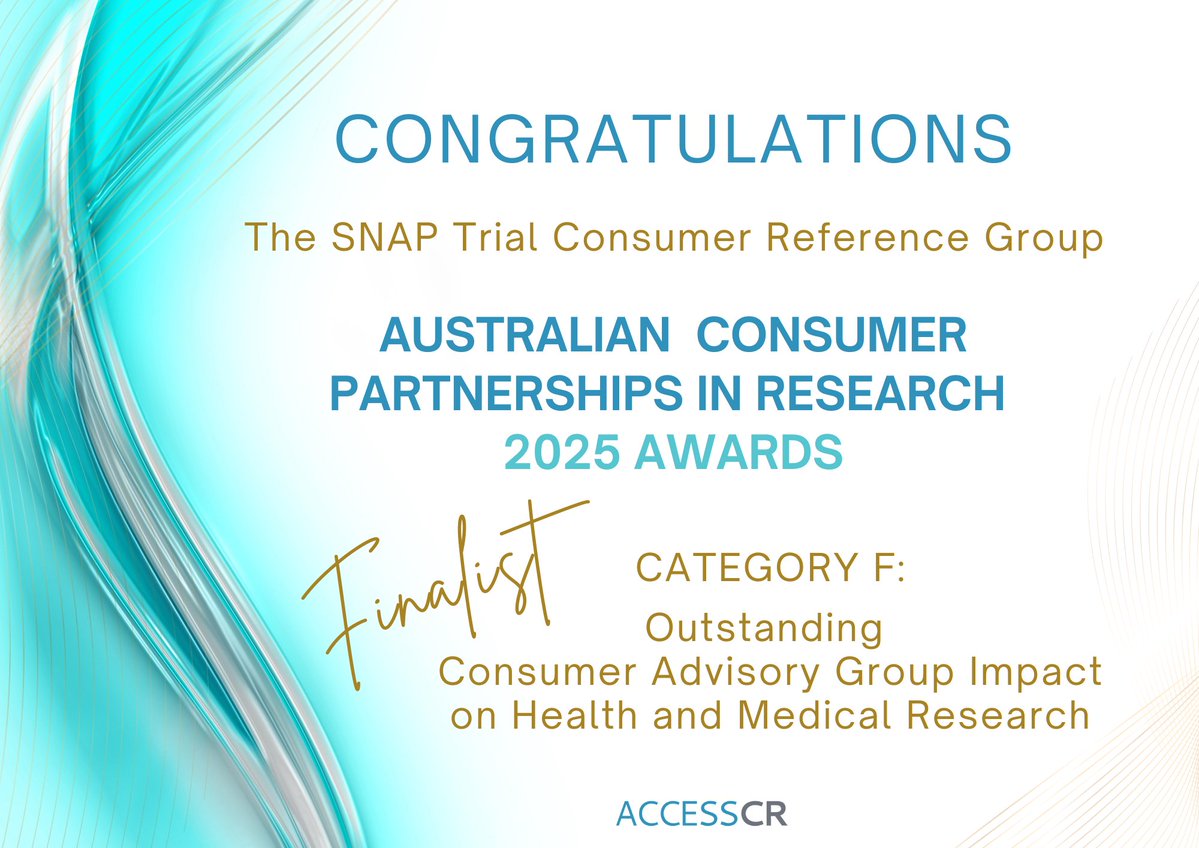 SNAP Trial (@snap_trial) on Twitter photo We’re proud to share that the SNAP Trial Consumer Reference Group is a finalist in the 2025 #CPIRawards!
Thank you to our Consumer Reference Group Members for driving meaningful change in health research.
#SNAPTrial #ConsumerVoices #CoDesign
<a href="/syctong/">Steven Tong</a> <a href="/AshaBowen/">Asha Bowen</a> <a href="/Josh_S_Davis/">Joshua Davis</a> We’re proud to share that the SNAP Trial Consumer Reference Group is a finalist in the 2025 #CPIRawards!
Thank you to our Consumer Reference Group Members for driving meaningful change in health research.
#SNAPTrial #ConsumerVoices #CoDesign
<a href="/syctong/">Steven Tong</a> <a href="/AshaBowen/">Asha Bowen</a> <a href="/Josh_S_Davis/">Joshua Davis</a>