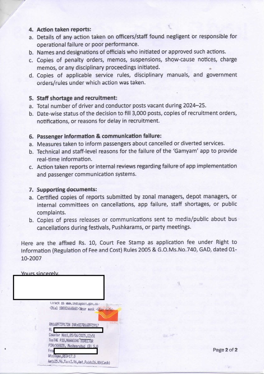 Dear <a href="/SajjanarVC/">V.C. Sajjanar, IPS</a>, I filed an RTI application to the TGSRTC MD’s office seeking details of bus cancellations on June 5, 2025, but no info has been given till date. Kindly provide the info and take action on <a href="/TGSRTCHQ/">TGSRTC</a> officials for violating human &amp; fundamental rights.