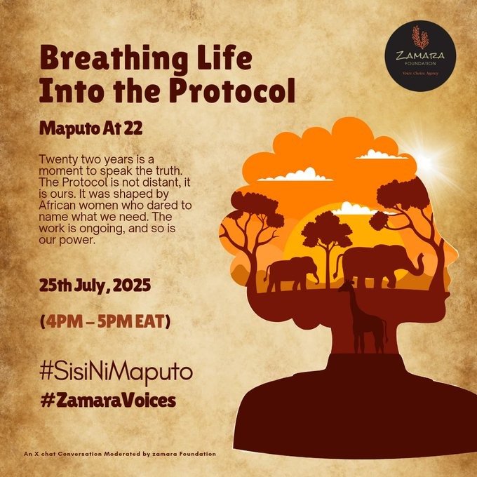 22 years on, the Maputo Protocol is still ours to breathe life into.
Today, we gather voices bold, truths raw, power alive.
Join us today at 4 p.m as we  echo the women who named what we needed then, and what we still claim now.
#SisiNiMaputo #ZamaraVoices
<a href="/Zamara_fdn/">Zamara Foundation</a>