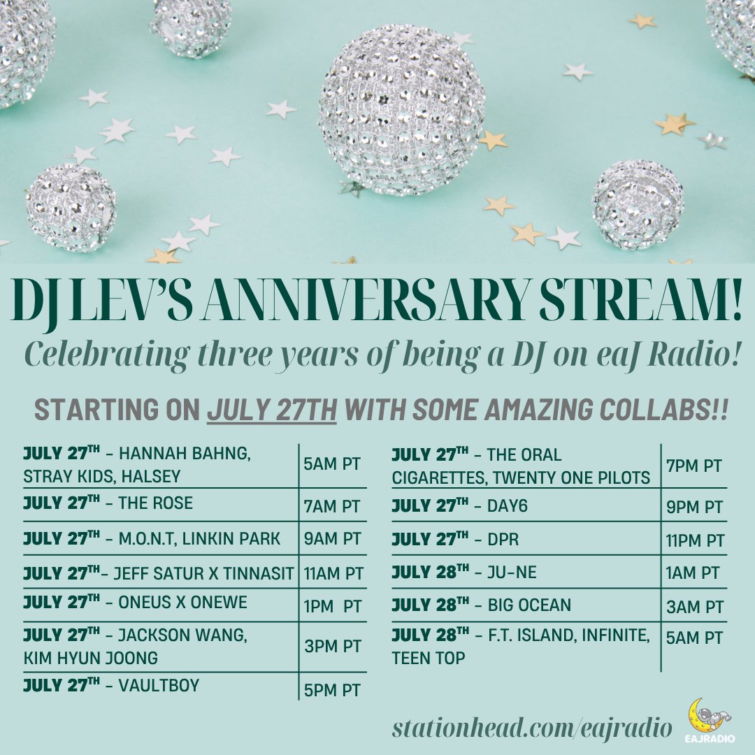eajradio's tweet image. DJ Lev’s celebrating 3 years on @eajradio with listening pary on @STATIONHEAD And you’re invited!! 🎂🎉
We'll be joined by a bunch of amazing collabs throughout the day!
📌July 27TH @ 5AM PT | 8AM ET | 9PM KST
▶️stationhead.com/eajradio
#eaJ #eaJPark @eaJPark