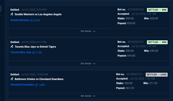 neuromancer_t's tweet image. Day 3 Betting. Buyback for sn-41 officially into the green, lol. $tao tomorrow we will try to get our sea legs and into a place where we can take some risk on bigger bets. #sn41
- Jays: Destroy tigers of course
- Mariners: Clean winner, they knew kukuchi well.
-…