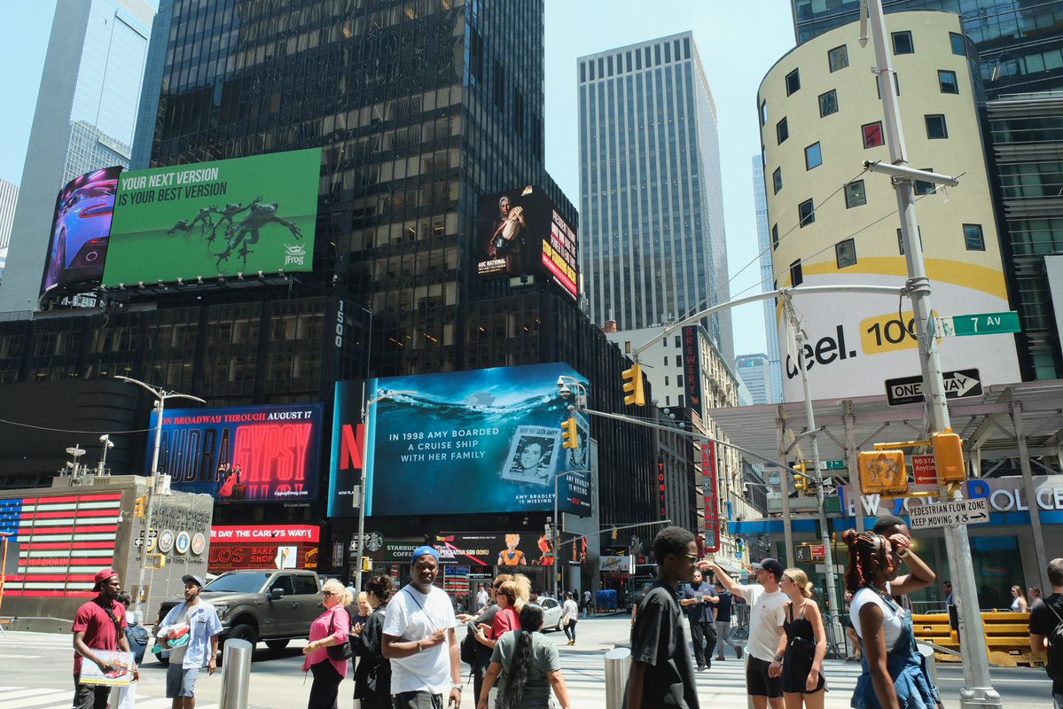 aayoub's tweet image. Our billboard currently up in Times Square. The message is clear - President Trump can put an end to the starvation of Gaza.