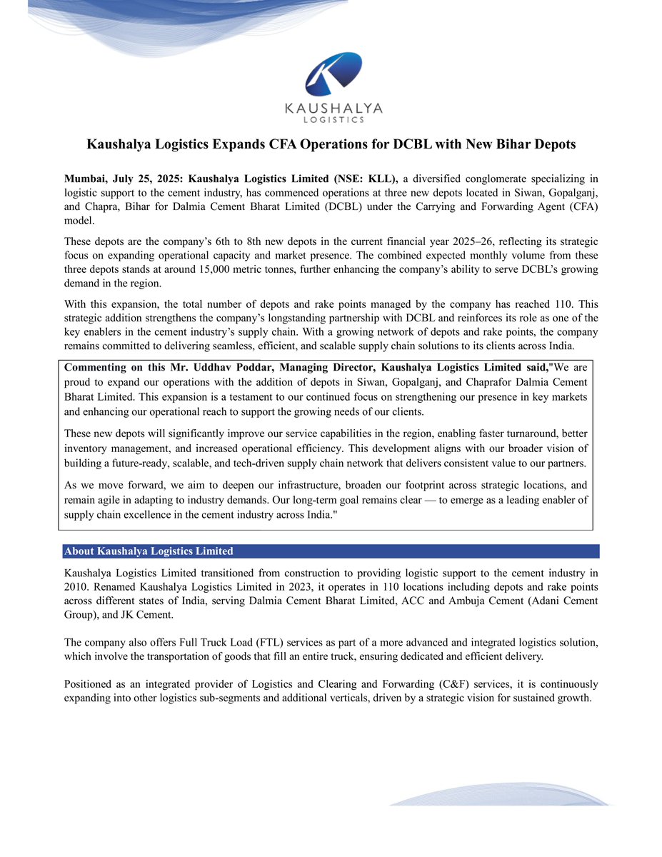nileshkurhade's tweet image. 📌 Kaushalya Logistics Limited informed the exchange about commencing operations at three new depots located in Siwan, Gopalganj, and Chapra, Bihar for Dalmia Cement Bharat Limited (DCBL) under the Carrying and Forwarding Agent (CFA) model. These depots are the company’s 6th to…