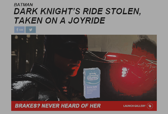 GMZGotham's tweet image. #BATMAN's   batmobile   was   carjacked   less   than   twenty   four   hours   ago   and   taken   on   a   joyride   throughout   Gotham.   Condoms   were   allegedly   found   in   the   car.