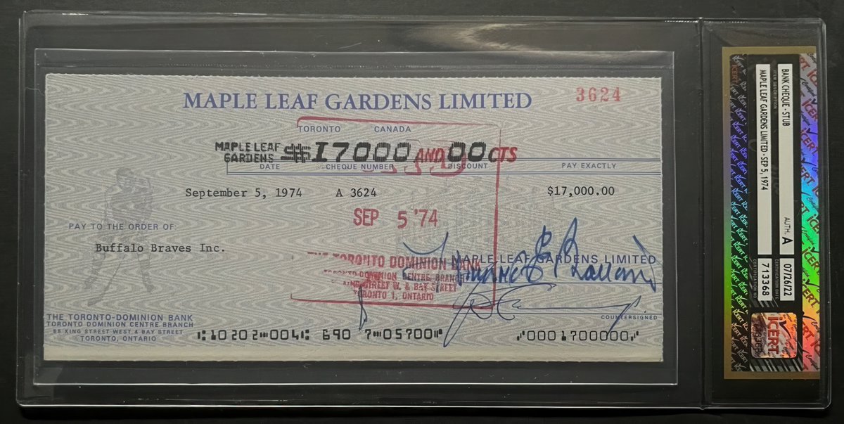 Morgan_C_Ross's tweet image. A $17,000 cheque made out to the NBA Buffalo Braves team by Harold Ballard for playing a regular season game in Maple Leaf Gardens in 1974.