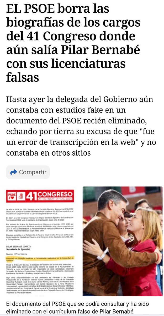 Pableraso's tweet image. EL PSOE borra las biografías de los cargos del 41 Congreso donde aún salía Pilar Bernabé con sus licenciaturas falsas
Hasta ayer la delegada del Gobierno aún constaba con estudios fake en un documento del PSOE recién eliminado