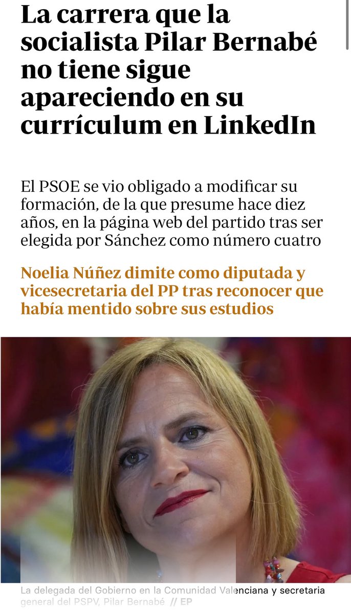 Pableraso's tweet image. La carrera que la socialista Pilar Bernabé no tiene sigue apareciendo en su currículum en LinkedIn
El PSOE se vio obligado a modificar su formación, de la que presume hace diez años, en la página web del partido tras ser elegida por Sánchez como número cuatro
