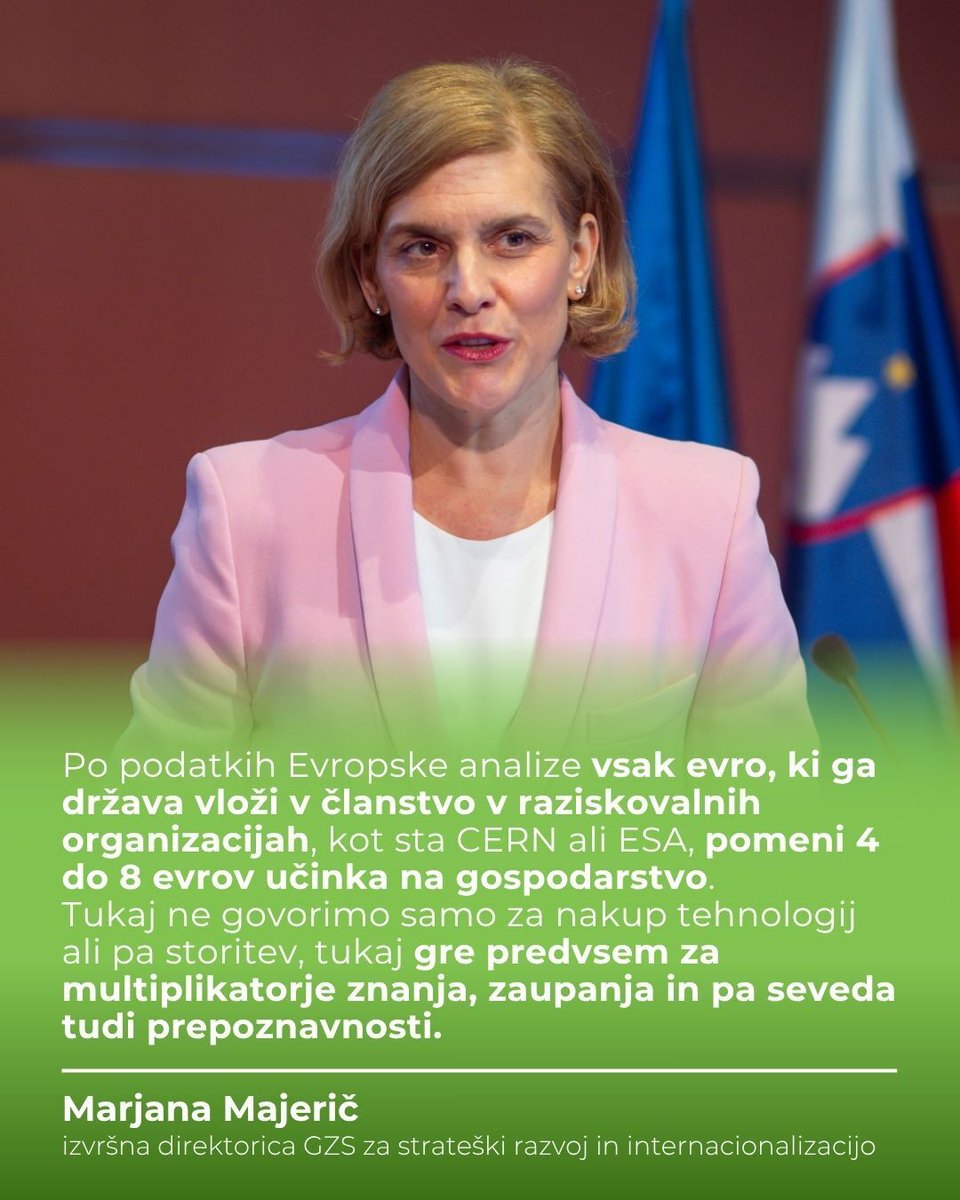 [IZJAVA TEDNA] 💬 Marjana Majerič, izvršna direktorica GZS za strateški razvoj in internacionalizacijo.

Poslušajte podkast poslovni nasveti #26 za več informacij o pozitivnih učinkih članstva v <a href="/CERN/">CERN</a> in <a href="/esa/">European Space Agency</a>.
🌐 media.gzs.si/kako-lahko-slo…

#GZS #IzjavaTedna