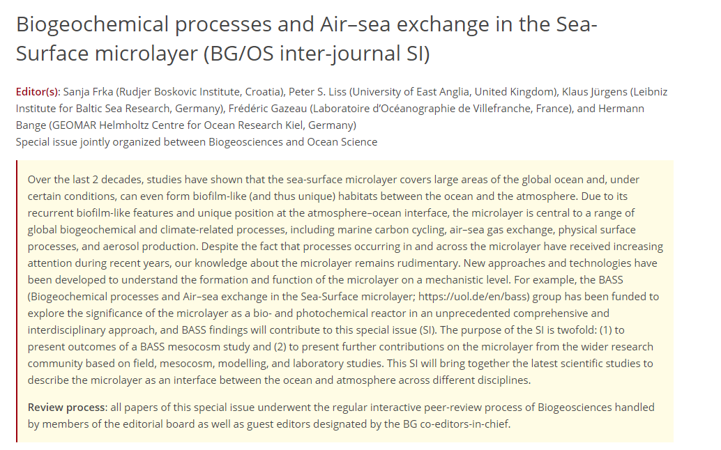 SOLAS_IPO's tweet image. The submission deadline for the @BASS_UOL special issue "Biogeochemical processes and Air–sea exchange in the Sea-Surface Microlayer" in Biogeosciences has been extended to 31 October 2025.
📢 Submit your research to contribute:
bg.copernicus.org/articles/speci…