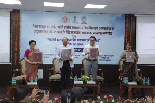 PIB_India's tweet photo. ➡️ Indira Gandhi National Tribal University (IGNTU), Amarkantak becomes hub of tribal empowerment with the establishment of new centre of excellence on #PESA 

➡️ “PESA in Action” Compendium unveiled, highlights best practices in grassroots governance 

➡️ This #CentreofExcellence at IGNTU, Amarkantak will serve as a dedicated platform for research, capacity building, participatory planning, and policy support, aligned with the broader goals of tribal empowerment and localized sustainable development 

➡️ A panel discussion on the theme "Strengthening PESA through Capacity Building, Research and Institutional Support" held as part of the event 

Read here: https://t.co/UyIRFoztVk 

@mopr_goi @IGNTU
