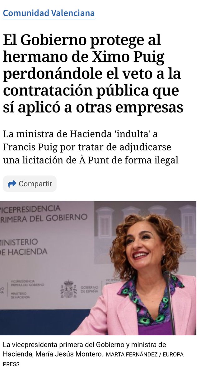 Pableraso's tweet image. El Gobierno protege al hermano de Ximo Puig perdonándole el veto a la contratación pública que sí aplicó a otras empresas
La ministra de Hacienda 'indulta' a Francis Puig por tratar de adjudicarse una licitación de À Punt de forma ilegal