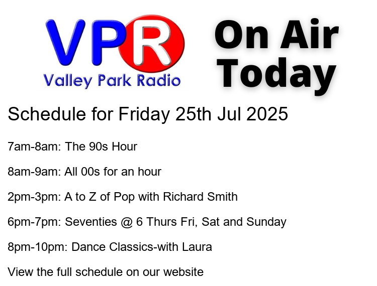 Valleyparkradio's tweet image. 馃摶 #OnAir today:
馃晼 7am: One hour of back to back hits from the 90s.
馃晽 8am: All 00s for an hour
馃晳 2pm: @theatozofpop
馃晻 6pm: Seventies @ 6 Thurs Fri, Sat and Sunday
馃晽 8pm: Dance Classics-...
#HospitalRadio #OnAir #ListenLocal #ValleyParkRadio
bit.ly/vprweb