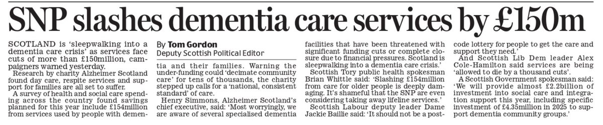 Alzheimer Scotland warns: £154m SNP cuts = day care, respite, and family support gutted. 

The SNP has plenty of money for fake foreign embassies, Gaelic, climate reparations and Gaza, not so much for Scotland's elderly.