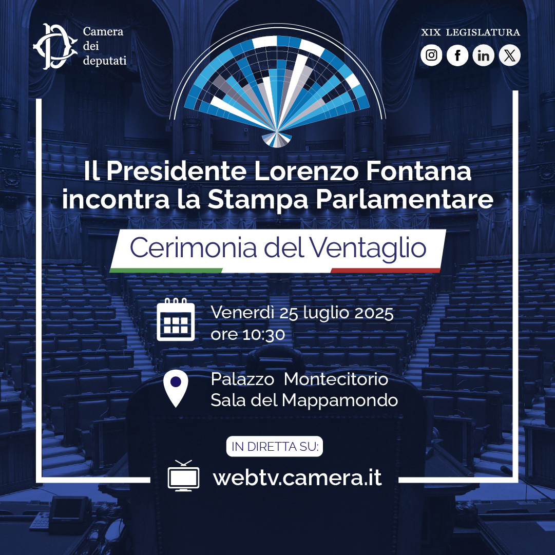 Montecitorio's tweet image. La Cerimonia di consegna del Ventaglio al Presidente della Camera dei deputati, @Fontana3Lorenzo, da parte dell'@ASParlamentare.
Segui la diretta: bit.ly/CerimoniaVenta…
#OpenCamera