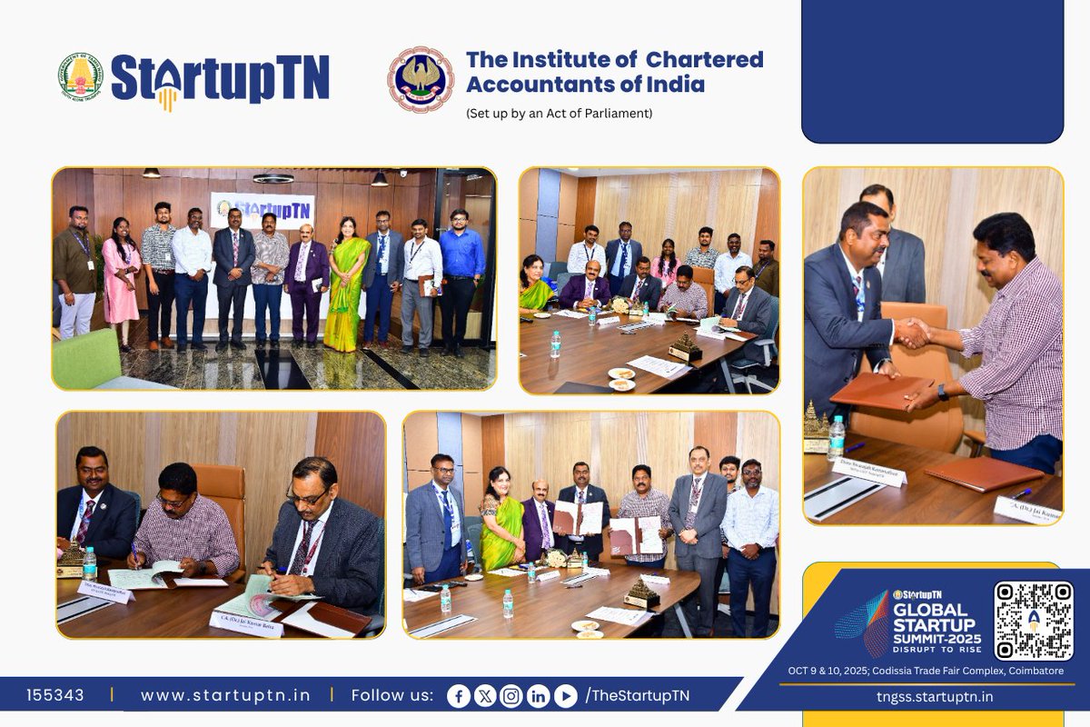 TheStartupTN's tweet image. 🔷 StartupTN & ICAI Join Hands to Empower Startups in Tamil Nadu 🔷
StartupTN and The Institute of Chartered Accountants of India (ICAI) signed a Memorandum of Understanding (MoU) at the StartupTN Office, Chennai.
✍ MoU Signatories:
Thiru Sivarajah Ramanathan, Mission Director…