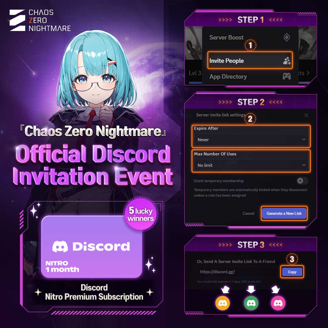 CZN_Official_EN's tweet image. ◤Chaos Zero Nightmare Discord Invite Event◢
Invite three or more friends to the 「Chaos Zero Nightmare」
Official Discord Server using your own invite link, and five lucky winners
will receive a 1-Month Discord Nitro Premium Subscription!🎁
🔗 discord.com/invite/chaosze……