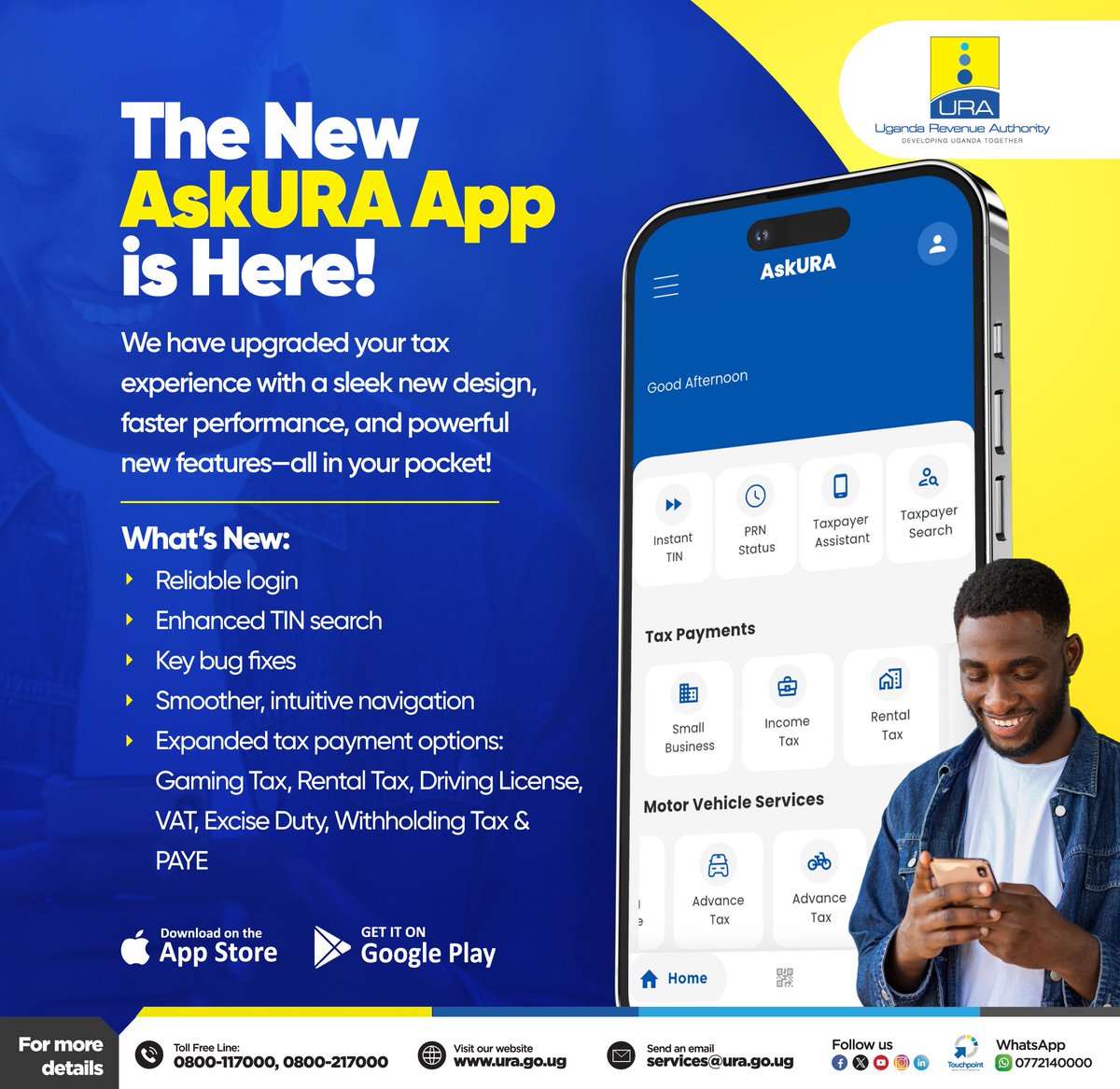 URAuganda's tweet image. ♨️
Fresh off the grill!
The new #AskURA app is HERE.
We have upgraded your tax experience with a sleek new design, faster performance & powerful new features in your pocket.
Download it now wherever you get your apps.
#FfeBanno
