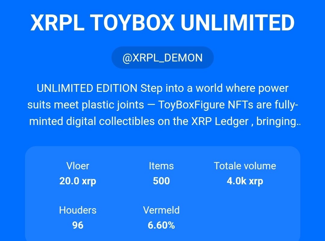 XRPL_DEMON's tweet image. Since launch, we’ve hit nearly 18K in volume — not bad at all 💥
XRPL TOYBOXES were (and still are) 🔥
What’s cooler than turning your X profile into a collectible?
Your avatar = figure, your banner = box art
Only on XRPL.
Only at DEMON.Labs 🧪📦