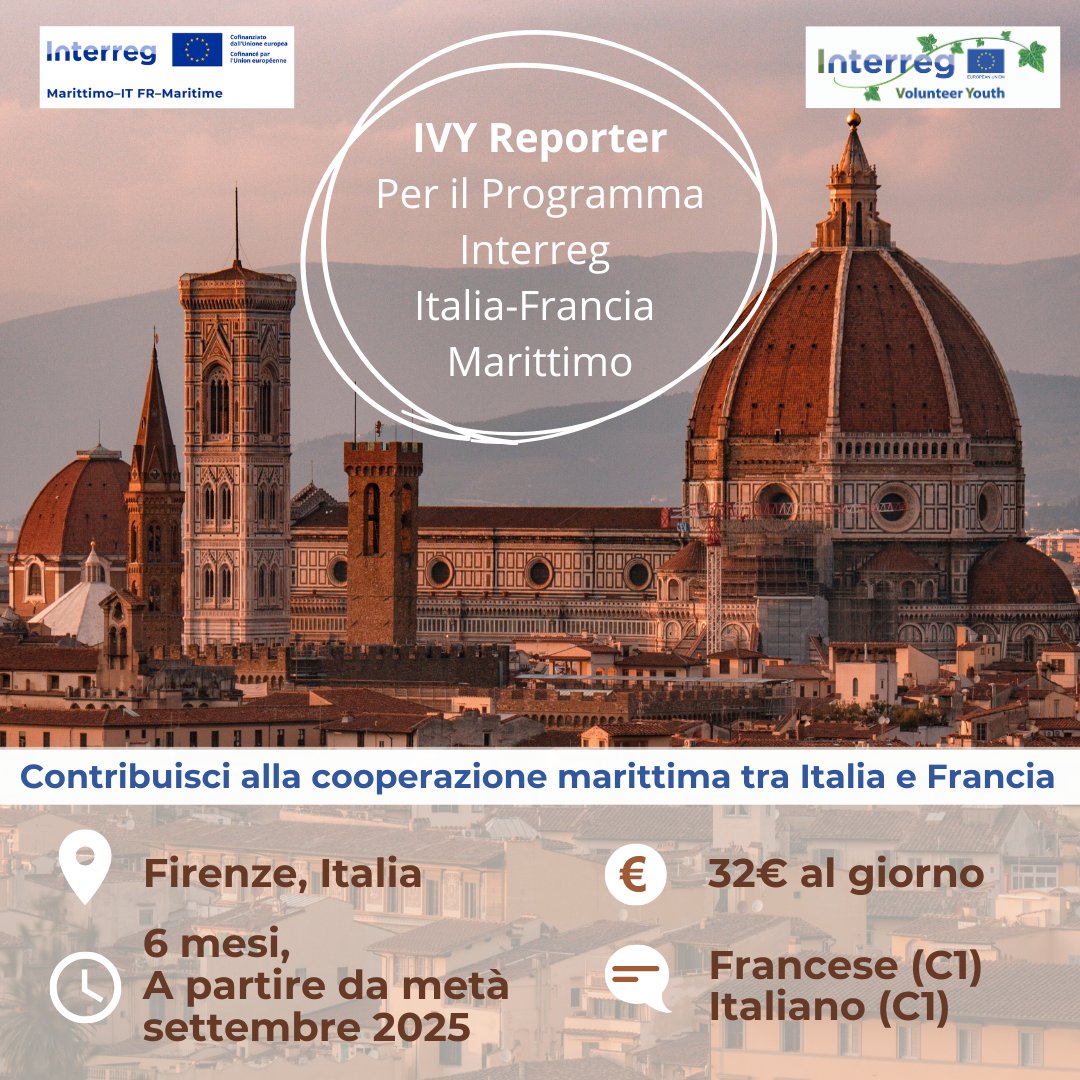 📢 Unisciti al team del Marittimo, diventa IVY Reporter!
➡️ Scopri come candidarti bit.ly/4fbLxfE
⏳Fino al 31/08/2025
***
Rejoins l'équipe de Interreg Maritime, deviens un IVY Reporter !
➡️ Pour savoir comment postuler bit.ly/4o6fQZ6
⏳Jusqu'au 31/08/2025