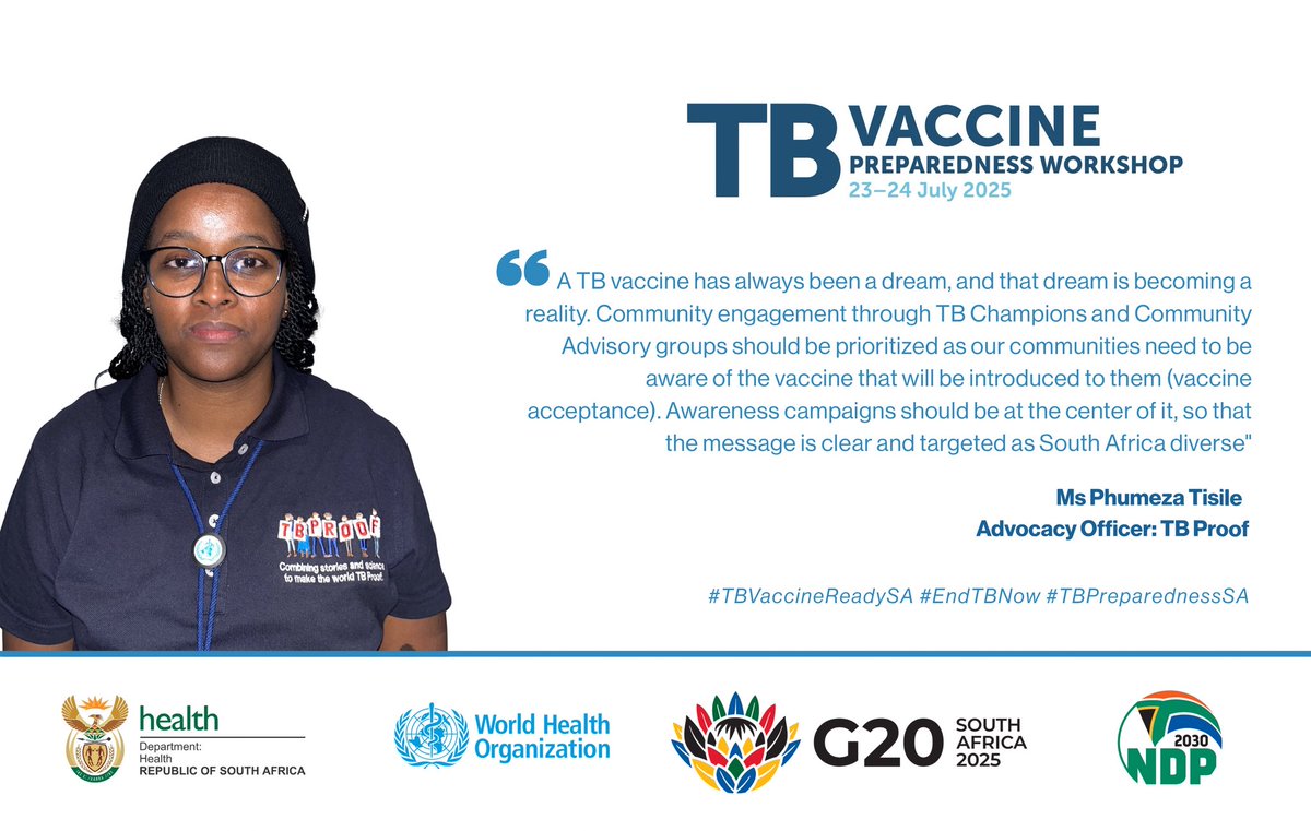 The TB Vaccine Preparedness Workshop (23–24 July 2025), highlighted the importance of:

• Community engagement through TB Champions and Community Advisory Groups

• Targeted awareness campaigns to ensure clear communication and vaccine acceptance in South Africa’s diverse