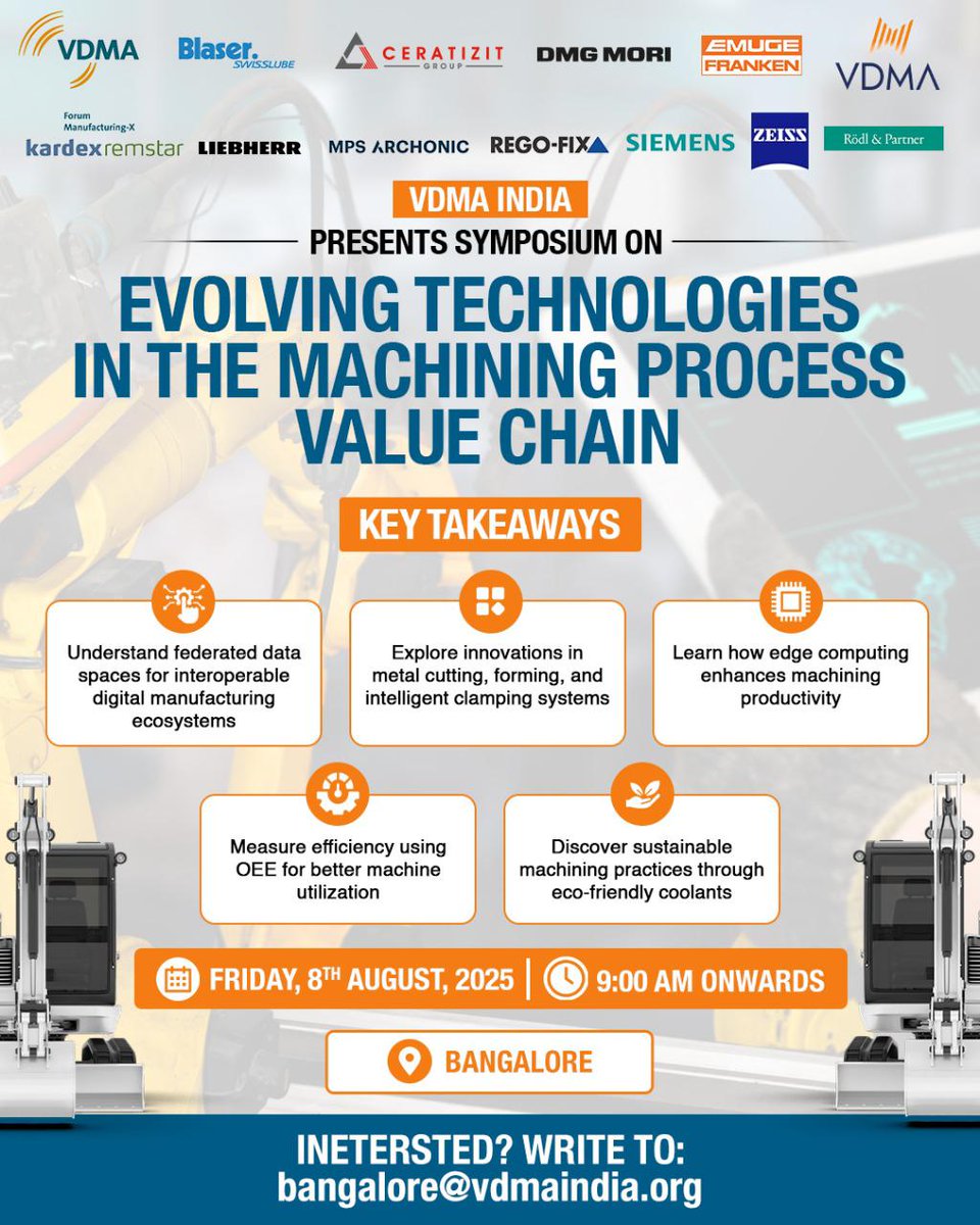 VDMA India (@vdmaindia) on Twitter photo 🔧 Shaping the Future of Manufacturing!
Join us at the VDMA India Symposium on “Evolving Technologies in the Machining Process Value Chain”!
📍 Bangalore | 📅 8 Aug 2025
💡 Dive into #AI, #Automation, #Manufacturing & more
👉 bangalore@vdmaindia.org
#VDMAIndia #GermanEngineering 🔧 Shaping the Future of Manufacturing!
Join us at the VDMA India Symposium on “Evolving Technologies in the Machining Process Value Chain”!
📍 Bangalore | 📅 8 Aug 2025
💡 Dive into #AI, #Automation, #Manufacturing & more
👉 bangalore@vdmaindia.org
#VDMAIndia #GermanEngineering