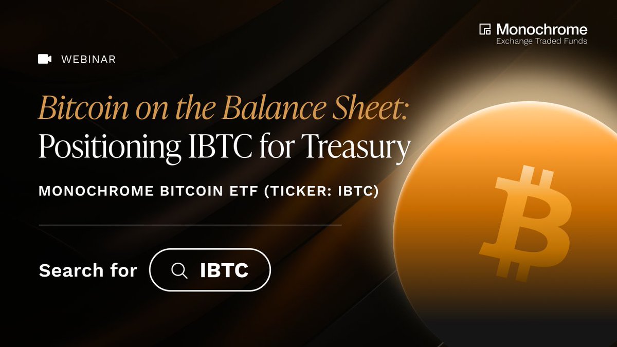 MonochromeAsset's tweet image. Thank you to everyone who joined Monochrome’s webinar, Bitcoin on the Balance Sheet: Positioning IBTC for Treasury.
If you missed it or would like to revisit the webinar, the full session is available here: youtu.be/FCNqAxfWnN8