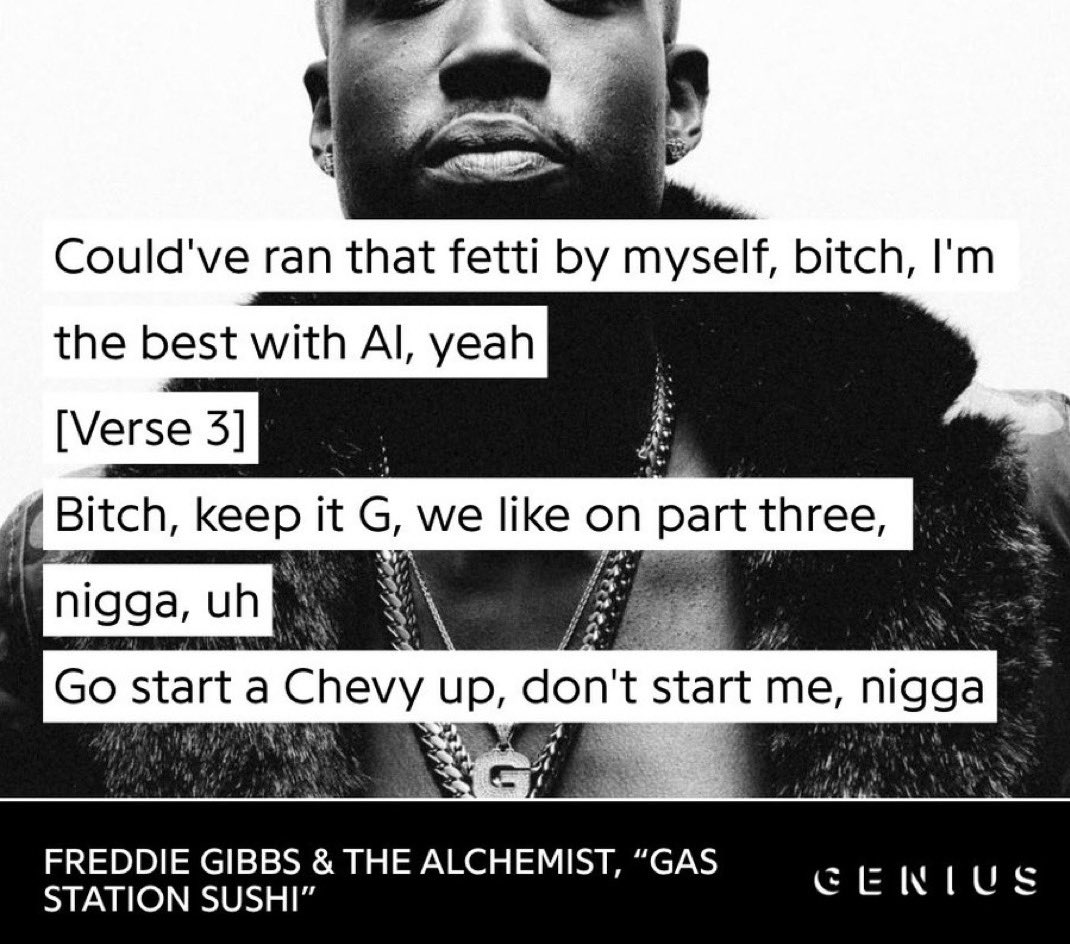 big_business_'s tweet image. Freddie Gibbs sending shots at Curren$y on Alfredo 2 👀👀

“Could’ve ran Fetti by myself” 

“I’m the best with Al, keep it g”

“Go start a Chevy up, don’t start with me