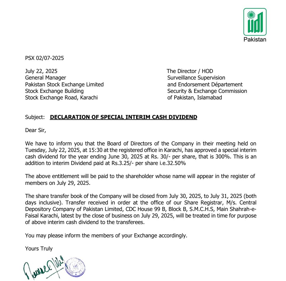 trade_flow's tweet image. 📢 Dividend Alert: 

#UDPL (UDL Pakistan) Announces Massive Special Interim Cash Dividend

UDL Pakistan’s Board of Directors has declared a special interim cash dividend of Rs. 30/- per share (300%) for the year ending June 30, 2025

This is in addition to the earlier interim…