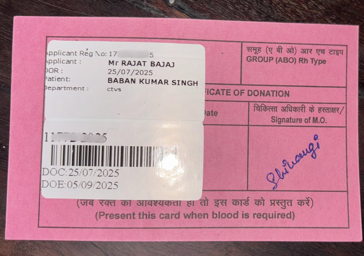 India Cares (@indiacares_2020) on Twitter photo A 55-yo patient from Bihar is scheduled for a critical heart bypass surgery at <a href="/aiims_newdelhi/">AIIMS, New Delhi 🇮🇳</a>. For the procedure, an advance arrangement of blood units was essential, and the family was struggling to manage it.
Our heartfelt gratitude to <a href="/rajatbajaj_/">Rajat Bajaj</a>, who stepped up early this A 55-yo patient from Bihar is scheduled for a critical heart bypass surgery at <a href="/aiims_newdelhi/">AIIMS, New Delhi 🇮🇳</a>. For the procedure, an advance arrangement of blood units was essential, and the family was struggling to manage it.
Our heartfelt gratitude to <a href="/rajatbajaj_/">Rajat Bajaj</a>, who stepped up early this