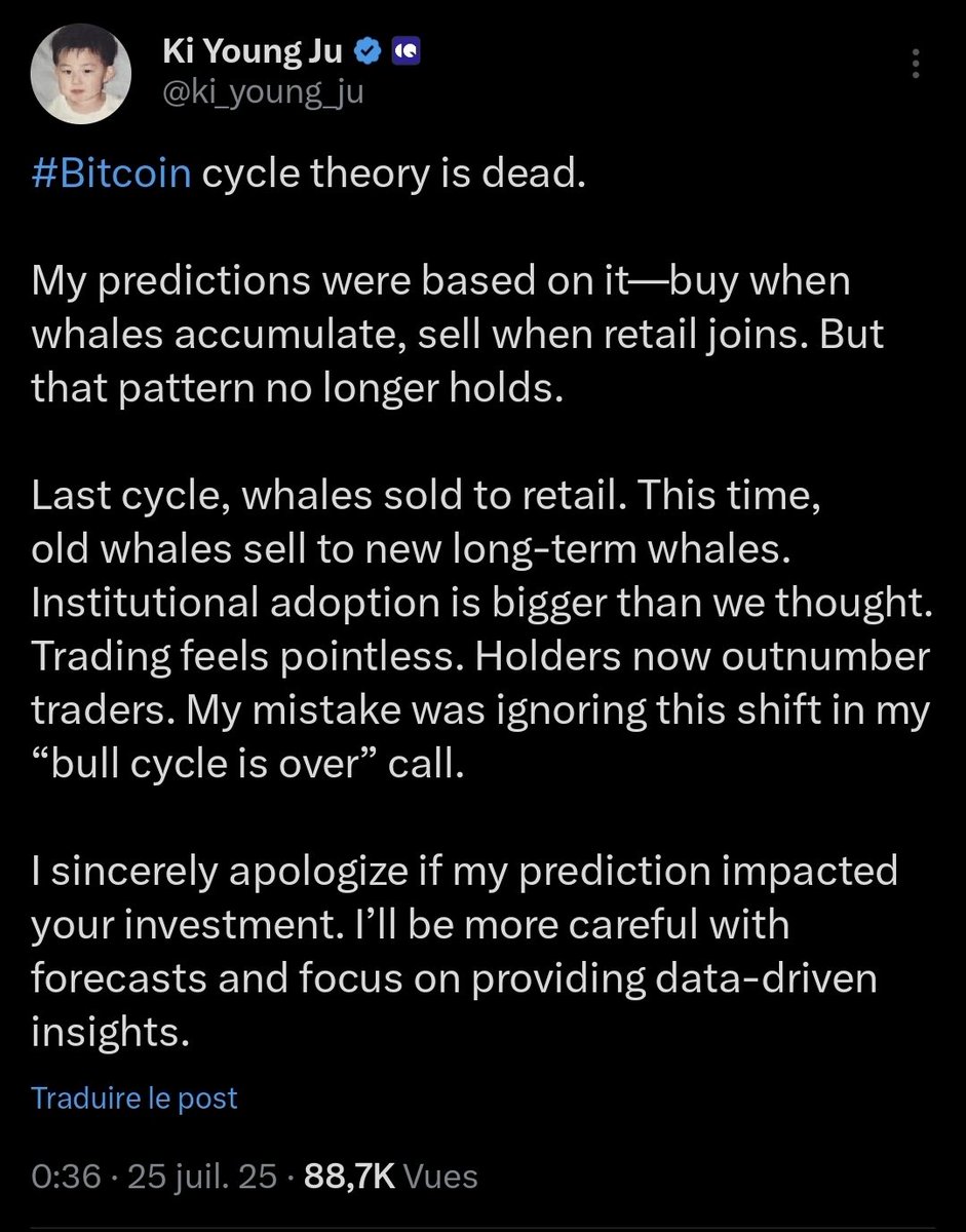💬 «La théorie du cycle Bitcoin est morte.»

«Mes prédictions étaient basées sur cela - acheter quand les whales accumulent, vendre quand le retail se joint. Mais ce schéma ne tient plus»

«Le dernier cycle, les whales ont vendues au retail. Cette fois, les vieilles whales