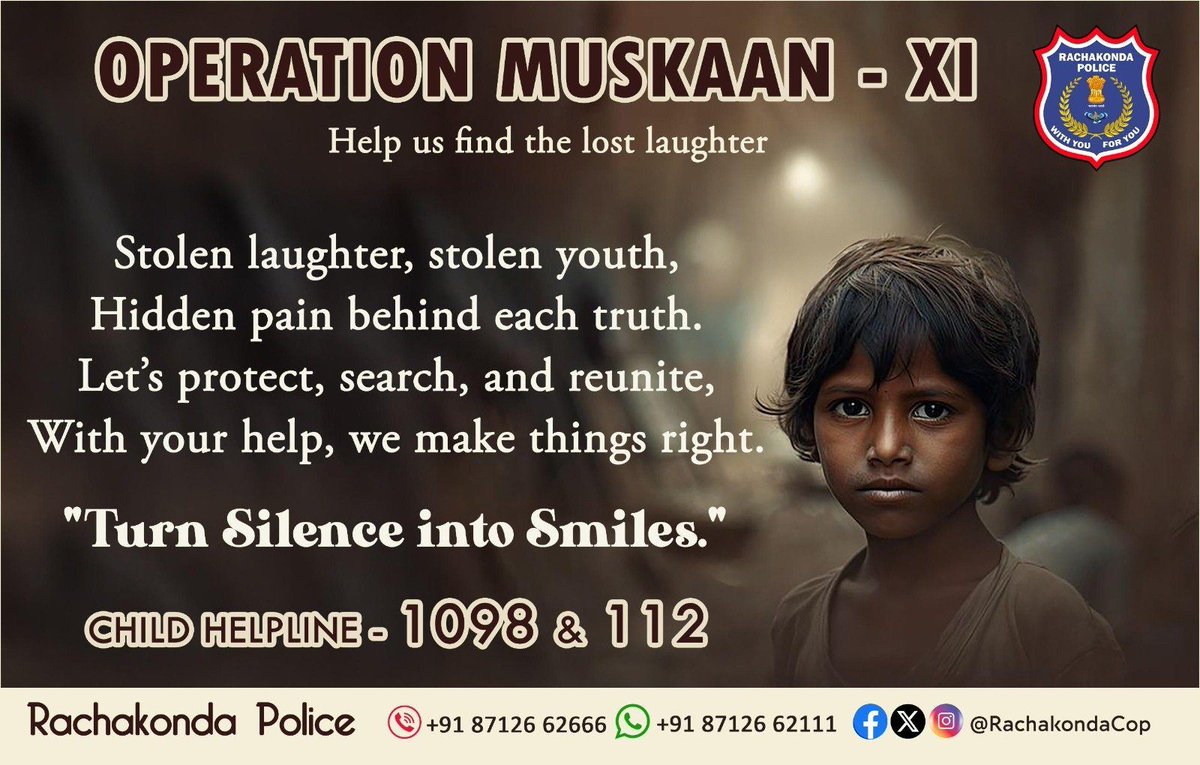 📷 OPERATION MUSKAAN - XI | Help us Find the Lost Laughter
Stolen childhood. Silent suffering. But together, we can bring them back.
Every child deserves safety, love, and a smile.
Let’s unite to identify, protect, and reunite missing children with their families.