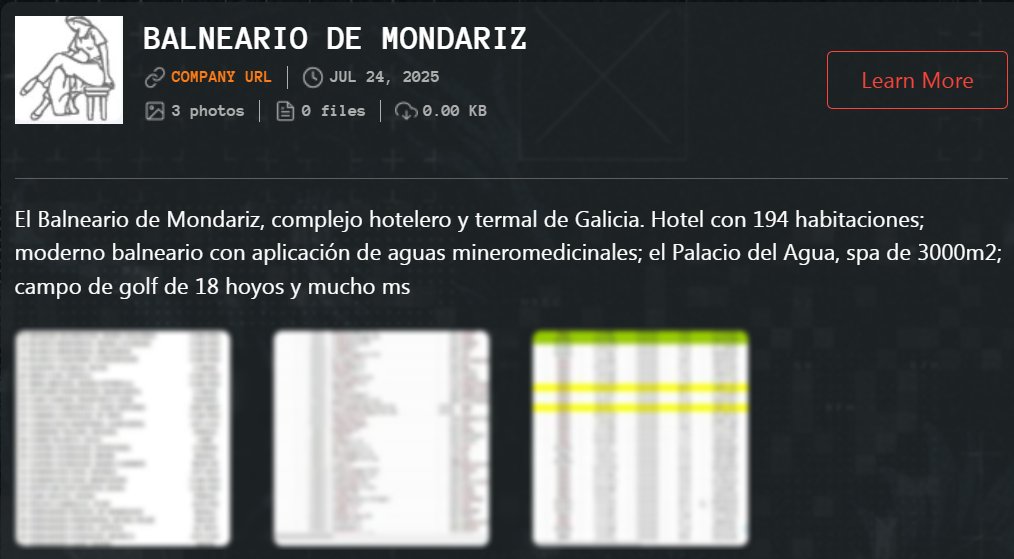 H4ckmanac's tweet image. 🚨 Cyber Attack Alert ‼️
🇪🇸 Spain - Balneario de Mondariz
Qilin hacking group claims to have breached Balneario de Mondariz
Samples have been provided.
FYI, this is the 13th ransomware attack by Qilin in 2025 targeting Spanish companies.
Discover more at…