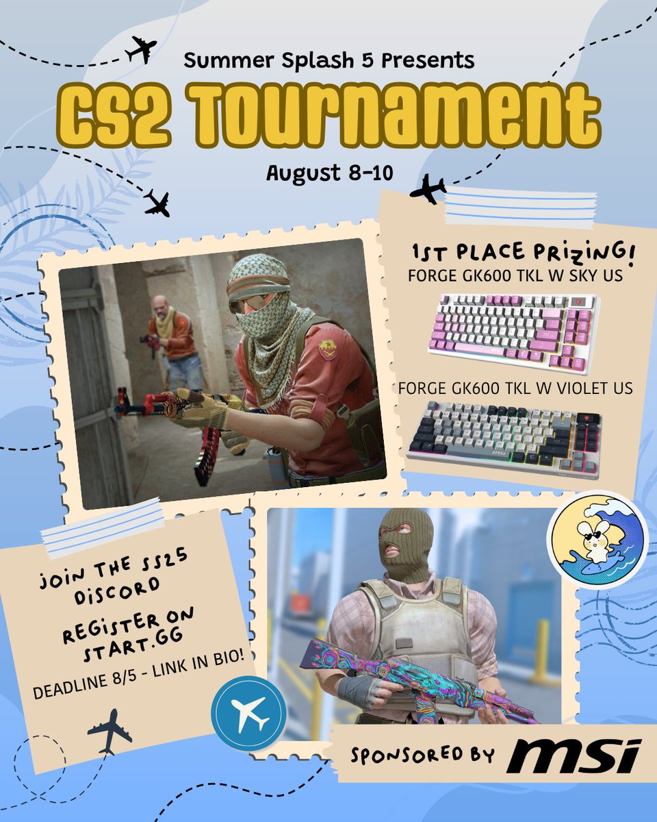 Esports At UC Davis (@esportsatucd) on Twitter photo 🥁Bingo Bango Bongo, Bish Bash Bosh 🥁
Watch out !! These boys have got a bit of <a href="/msiUSA/">MSI Gaming USA</a> ’s Forge GK600 TKL W Sky/Violet US & they don’t mind using it !! Lead the way <a href="/summersplashna/">Summer Splash</a> ’s CS2 Tournament on Aug 9th.
Regroup and register by Aug 5th @ 11:59 pm
🎨 @ miatz.mizat on IG 🥁Bingo Bango Bongo, Bish Bash Bosh 🥁
Watch out !! These boys have got a bit of <a href="/msiUSA/">MSI Gaming USA</a> ’s Forge GK600 TKL W Sky/Violet US & they don’t mind using it !! Lead the way <a href="/summersplashna/">Summer Splash</a> ’s CS2 Tournament on Aug 9th.
Regroup and register by Aug 5th @ 11:59 pm
🎨 @ miatz.mizat on IG