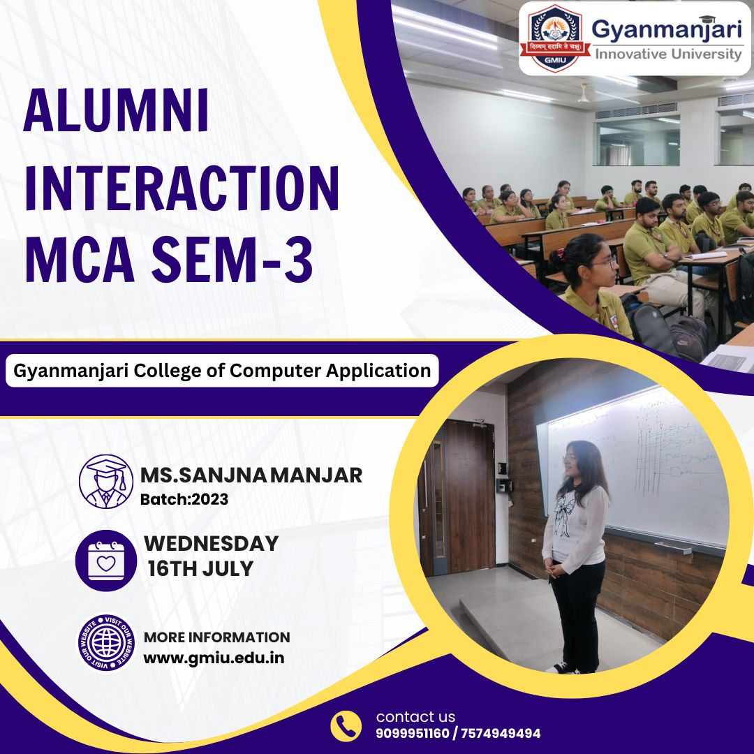 GMGC_Bhavnagar's tweet image. 🎓✨ Inspiring Minds, One Interaction at a Time!
MCA Sem-3 students had an enriching session with our proud alumna Ms. Sanjna Manjar (Batch 2023) at Gyanmanjari College of Computer Application. 💻🎤

#AlumniInteraction #MCA #StudentSuccess #GyanmanjariInnovativeUniversity
