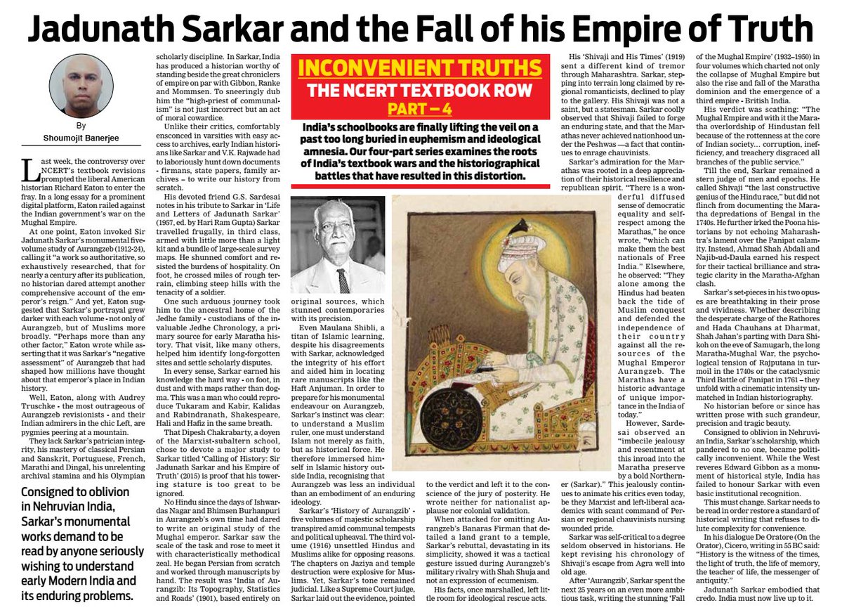 ShoumojitB's tweet image. Consigned to oblivion in Nehruvian India, Sarkar’s monumental works demand to be read by anybody seriously wishing to understand early modern India, its problems and to restore historical writing that refuses to dilute complexity for convenience.#ncert
🔗tinyurl.com/m982b84v