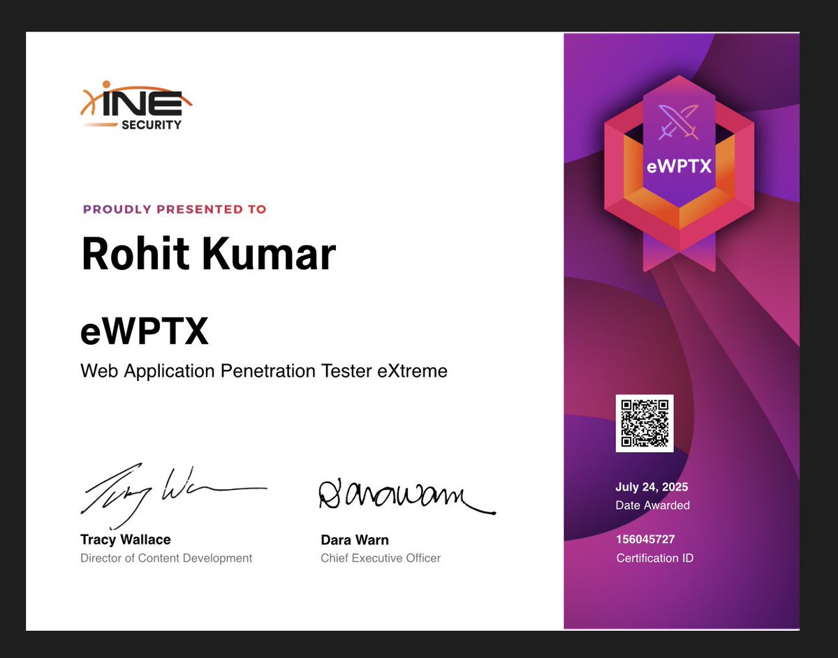 Rohit_443's tweet image. I’m excited to share that I’ve officially passed the eLearnSecurity Web Application Penetration Tester eXtreme v3 (eWPTXv3) exam! 🧠💻
#eWPTXv3 #eLearnSecurity #WebAppSecurity #BugBounty #PenetrationTesting #EthicalHacking #Infosec #Cybersecurity #OffensiveSecurity