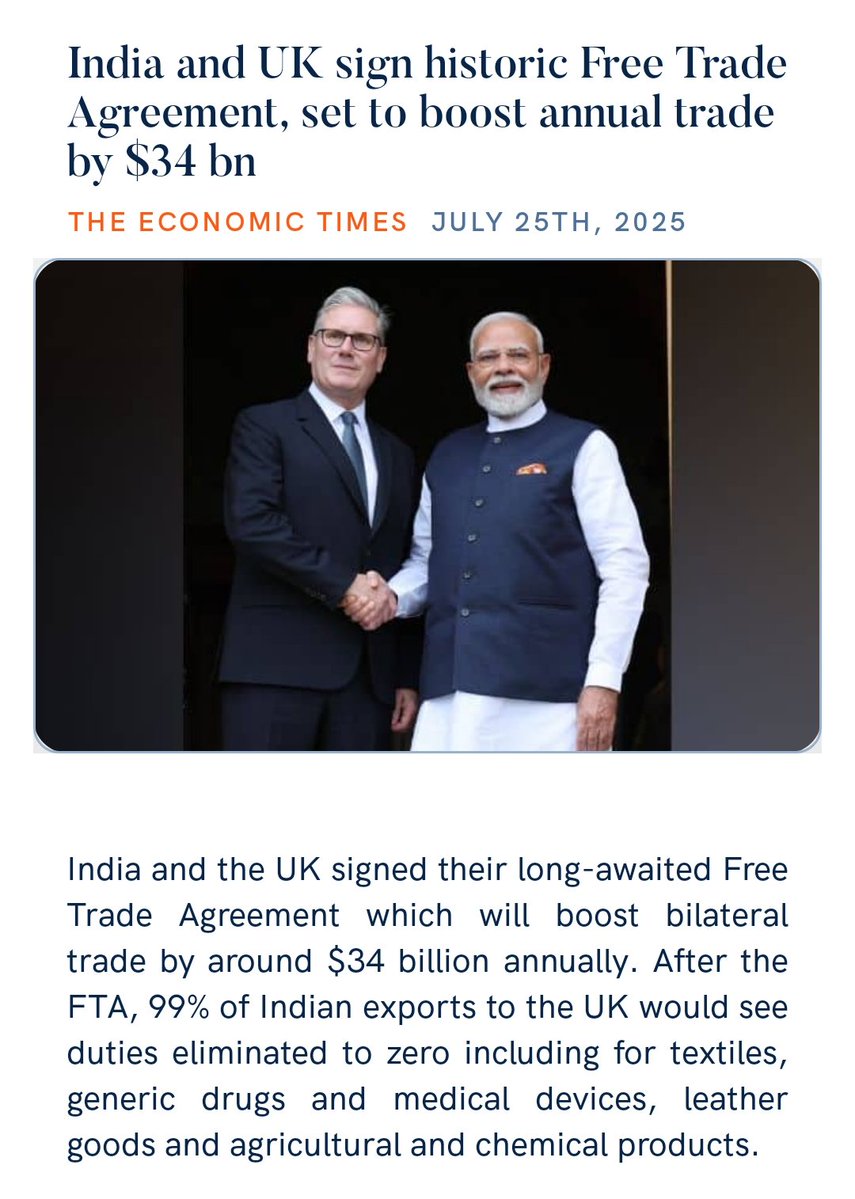 India and UK sign historic Free Trade Agreement, set to boost annual trade by $34 bn
economictimes.indiatimes.com/news/economy/f… via NaMo App