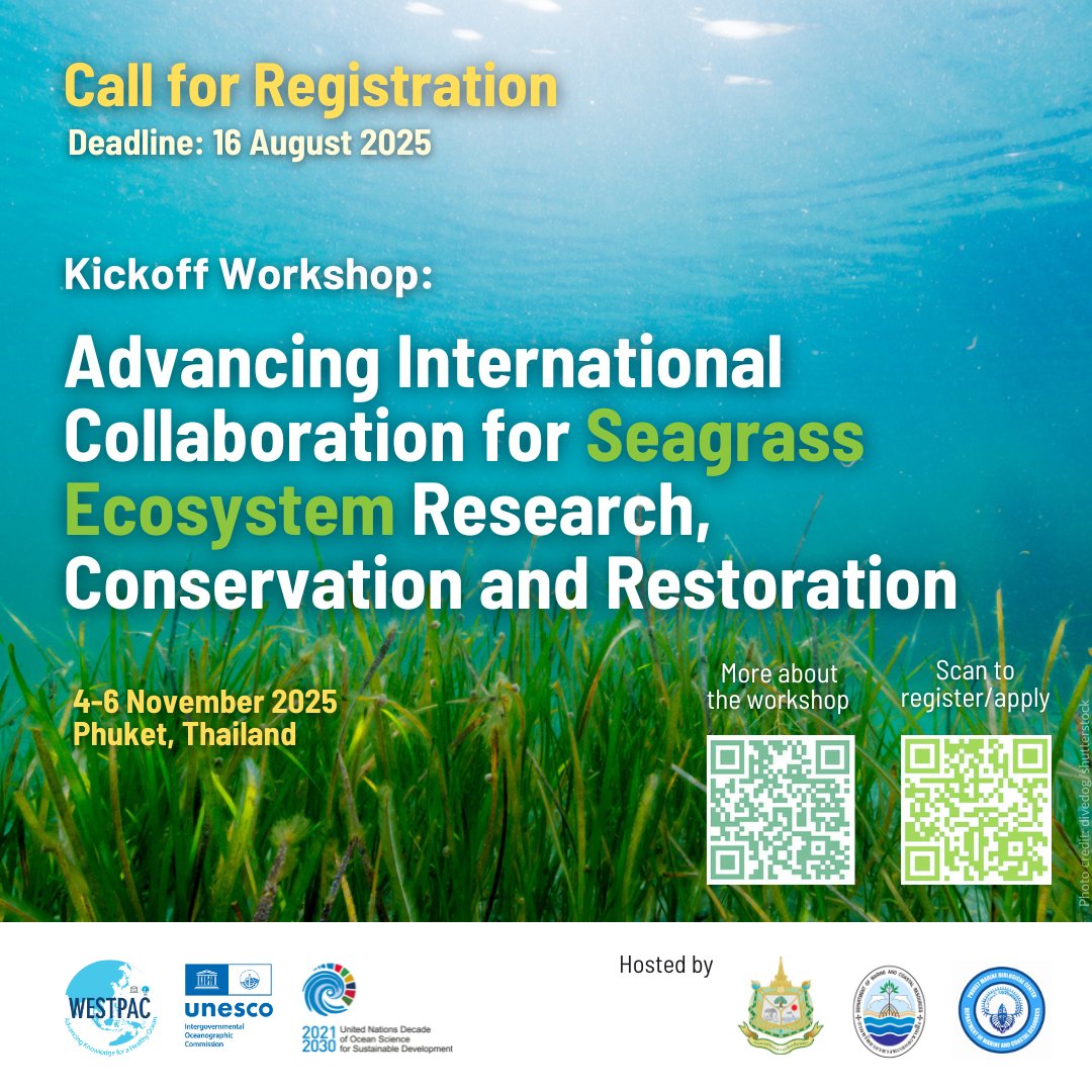 unescobangkok's tweet image. 🌊 Seagrass ecosystems in South-East Asia are declining fast due to human activities. We need stronger #OceanScience & collaboration.
Join @iocunesco workshop this NOV in 🇹🇭 & connect with researchers advancing seagrass knowledge.
🗓️ Apply by 16 AUG: ioc-westpac.org/event/kickoff-…