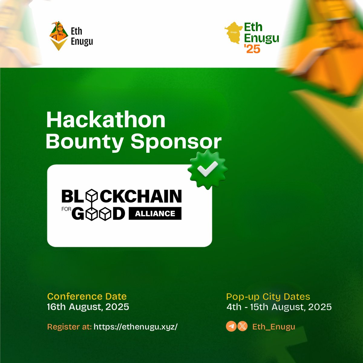 ChainforGood's tweet image. 🌍 We’re proud to support @Eth_Enugu'25, the first Ethereum builder residency & summit in Southeast Nigeria 🇳🇬
As part of our commitment to #BlockchainForGood, BGA is sponsoring the #BGATrack focused on Public Goods, with a $1000 USDT prize for impactful onchain solutions…