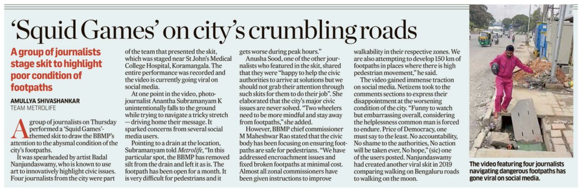 Amullya_23's tweet image. A group of journalists on Thursday performed a “Squid game” themed skit to draw the attention of BBMP towards the abysmal conditions of city’s footpaths.
My report in Deccan Herald.
@baadalvirus @Ananthaforu @anusharavi10
Read here: deccanherald.com/india/karnatak…