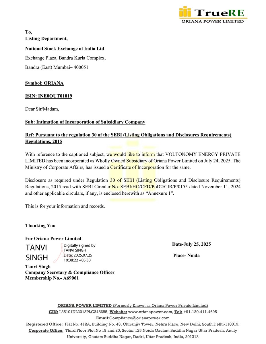 nileshkurhade's tweet image. 📌 Oriana Power Limited informed the exchange about VOLTONOMY ENERGY PRIVATE LIMITED being incorporated as Wholly Owned Subsidiary on July 24, 2025. The Ministry of Corporate Affairs issued a Certificate of Incorporation for the same, with an Authorized Capital of Rs. 100,000/-…