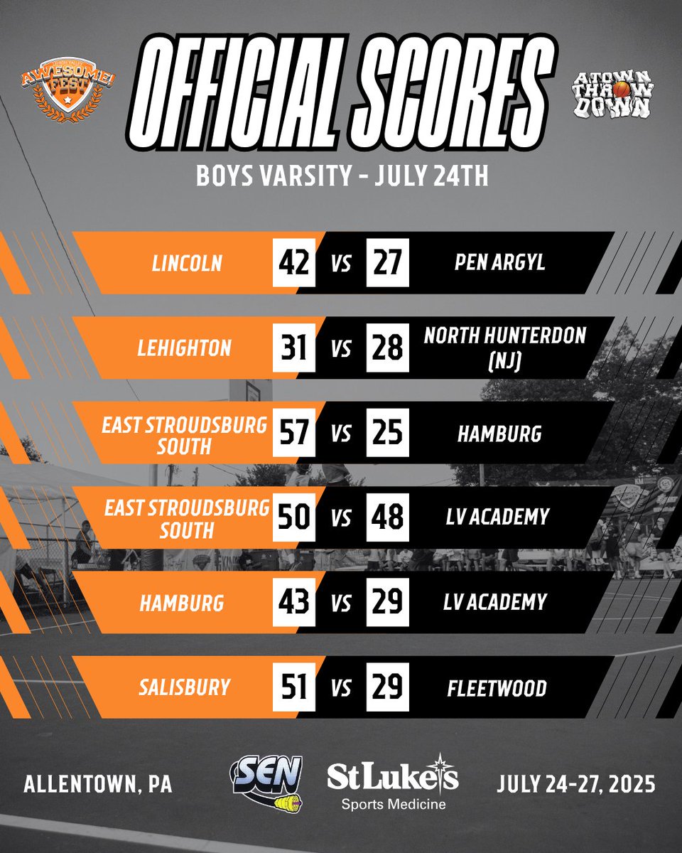 A_TownThrowDown's tweet image. Official Scores: Thursday, July 24th | Boys Varsity 🏀
Cedar Beach Park - Allentown, PA NOW - July 27th
#atownthrowdown #allentownpa #lehighvalleyawesomefest #Varsity #basketball #lehighvalleyevents
