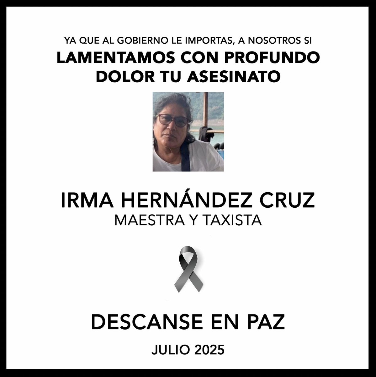 MÉXICO ESTA DE LUTO 🖤🕯

Descanse Maestra Irma...y disculpe al gobierno de la 4T que le vale madres que usted y miles desaparezcan, sean secuestrados, sufran robos y fueran asesinados...ellos puro pan y circo...