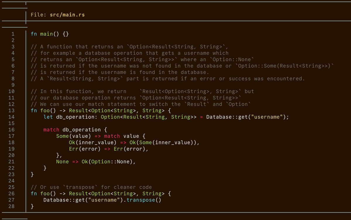 You can use `.transpose()` to flip `Option&lt;Result&lt;T, E&gt;&gt;` into `Result&lt;Option&lt;T&gt;, E&gt;`

✨ None → Ok(None)
✨ Some(Ok(x)) → Ok(Some(x))
✨ Some(Err(e)) → Err(e)

src: doc.rust-lang.org/std/option/enu…