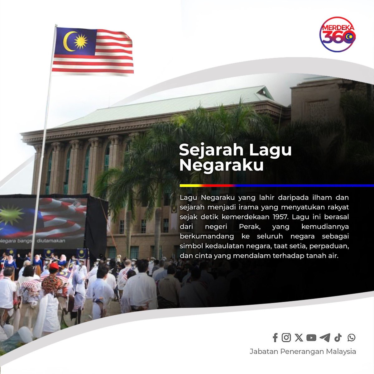 𝐋𝐚𝐠𝐮 𝐍𝐞𝐠𝐚𝐫𝐚𝐤𝐮 bukan sekadar melodi, tetapi satu lambang penyatuan dan semangat kebangsaan yang mendalam. 🇲🇾

Ia dicipta khusus untuk dimainkan pada hari pengisytiharan kemerdekaan pada 31 Ogos 1957 - satu detik bersejarah yang mengubah hala tuju negara. 🌺