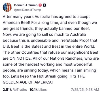 Has anyone told him Australia is probably importing American Beef to feed to the Australian cattle to fattern them up to sell back to America.
